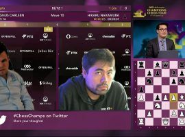 Magnus Carlsen needed blitz tiebreakers to defeat Hikaru Nakamura in the quarterfinals of the FTX Crypto Cup. (Image: Champions Chess Tour)