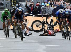 Caleb Ewan from Lotto Soudal crashes in the final sprint at the finish line at Pontivy in Stage 3 of the Tour de France. (Image: Reuters)