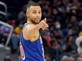 Steph Curry from the Golden State Warriors celebrates a victory over the Atlanta Hawks during his 50-point barrage at Chase Center in San Francisco. (Image: Michael Urakami/Getty)