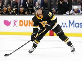 Boston Bruins leading scorer David Pastrnak shoots against the NY Rangers at MSG. (Image: Fred Kfoury III/Getty)