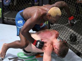 Derek Brunson (top) upset Edmen Shahbazyan (bottom) in the main event of UFC Fight Night on Saturday in Las Vegas. (Image: Chris Unger/Zuffa/Getty)