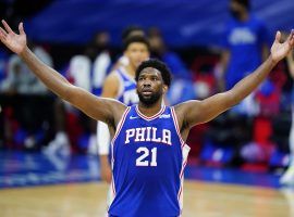 Philadelphia 76ers center Joel Embiid, seen here reacting to a victory over the Chicago Bulls, set a new career-high with 50 points. (Image: Matt Slocum/AP)