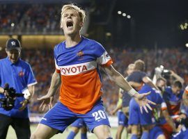 FC Cincinnati forward Jimmy McLaughlin celebrates after a win over Chicago Fire in the 2017 US Open Cup. FC Cincinnati will be joining MLS as an expansion franchise in 2019. (Image: The Enquirer/Kareem Elgazzar)