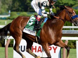 Gamine, seen here winning the Test Stakes last summer, forfeited her third-place finish in the Kentucky Oaks after her second positive drug test. (Image: Coglianese Photo/HYRA)