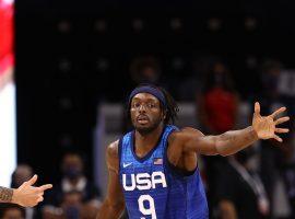 Jerami Grant, seen here playing defense against Argentina in an exhibition game earlier this week, is currently out for Team USA due to COVID-19 health and safety protocols (Image: Getty)