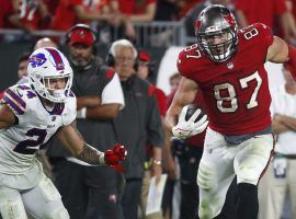 Tight end Rob Gronkowski catches a pass for the Tampa Bay Bucs against the Buffalo Bills, but Gronk could end his career with his old hometown team. (Image: Kim Klement/USA Today Sports)