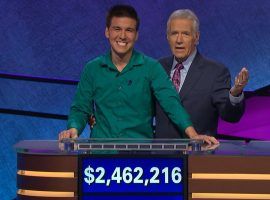 James Holzhauer, with host Alex Trebek, after winning his 32nd consecutive match on Jeopardy! (Image: Sony Pictures Television)