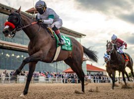 Hot Rod Charlie pulled away from Midnight Bourbon and the rest of the Louisiana Derby field for a two-length victory that clinched him a spot in the Kentucky Derby. (Image: Jamie Newell/Twin Spires)