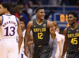 Baylor guard, Jared Butler (12), smiles after the Bears finally defeated Kansas in Lawrence, KS. (Image: Getty)