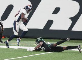 Denver Broncos WR Jerry Jeudy beats NY Jets CB Pierre Desi for a TD at MetLife Stadium. (Image: Vincent Carchietta/USA Today Sports)