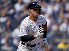 Aaron Judge from the New York Yankees legs out a base hit against the Boston Red Sox on Opening Day. (Image: Getty)