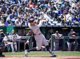 Aaron Judge from the NY Yankees connects on the first of two home runs against the Kansas City Royals on Sunday. (Image: Denny Medley/USA Today Sports)