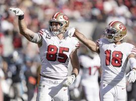 San Francisco 49ers TE Greg Kittle and WR Dante Pettis celebrate a touchdown against the Carolina Panthers at Levi Stadium in Santa Clara, CA. (Image: Stan Szeto/USA Today Sports)