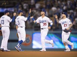 The LA dodgers celebrate a recent victory against the Phillies at Dodger Stadium in Los Angeles. (Image: Kyusung Gong/AP)