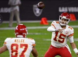 Kansas City Chiefs QB Patrick Mahomes completes a pass to TE Travis Kelce against Las Vegas. (Image: David Becker/AP)