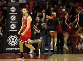 San Diego State guard, Malachi Flynn, moments after he hit the game-winning shot against San Jose State at Viejas Arena in San Diego. (Image: KC Alfred/SDUT)