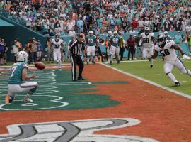 Miami Dolphins kicker, Jason Sanders (7), catches a touchdown pass during a faked field goal and trick play against the Philadelphia Eagles. (Image: Lynne Sladky/AP)