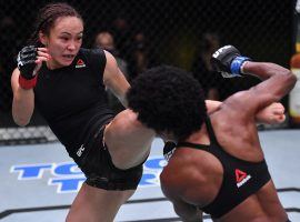 Michelle Waterson (left) earned a split decision win over Angela Hill (right) in the main event of UFC Fight Night 177 on Saturday. (Image: Jeff Bottari/Zuffa/Getty)