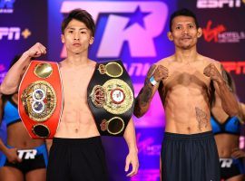 Naoya Inoue (left) will defend his bantamweight titles against Michael Dasmarinas (right) on Saturday, June 19 in Las Vegas. (Image: Mikey Williams/Top Rank/Getty)