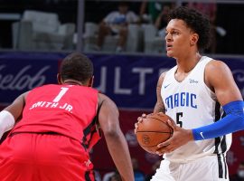 Paolo Banchero from the Orlando Magic brings the ball up the court against Jabari Smith from the Houston Rockets in NBA Summer League at the Thomas & Mack Center in Las Vegas. (Image: Garrett Ellwood/Getty)