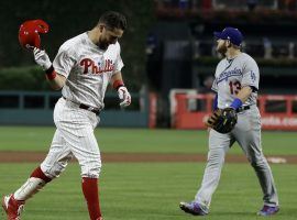 Trevor Plouffe of the Philadelphia Phillies celebrates after hitting a game-winning three-run home run to beat the Dodgers in a 16-inning game on Tuesday night. (Image: Matt Slocum/AP)