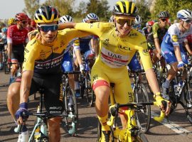 Primoz Roglic (left) and Tadej Pogacar (right) during the final stage of the 2020 Tour de France in Paris. (Image: Christophe Ena/AP)