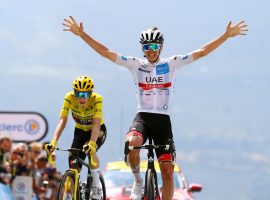 Tadej Pogacar from UAE Team Emirates edges out Jonas Vingegaard from Jumbo-Visma at the finish line of Stage 17 at Peyragudes. (Image: Getty)