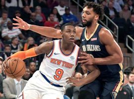 NY Knicks rookie RJ Barrett drives to the basketball against the New Orleans Pelicans at Madison Square Garden. (Image: Bill Kostroun/NY Post)