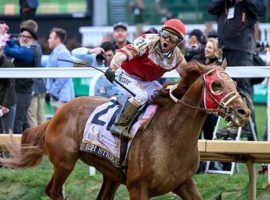 Sonny Leon and Rich Strike won't repeat this iconic image in the Preakness Stakes. The owner of the horse decided to pull the Kentucky Derby winner from the May 21 Preakness and wait for the Belmont. (Image: Skip Dickstein)