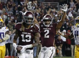 Texas A&M wide receiver Kendrick Rogers scores a game-winning 2-point conversion in a 7-OT thriller against LSU. (Image: Getty)