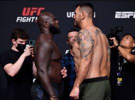 Jairzinho Rozenstruik (left) and Augusto Sakai (right) will face off in a heavyweight showdown this Saturday at UFC Fight Night 189. (Image: Jeff Bottari/Zuffa)