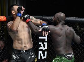 Jairzinho Rozenstruik (right) landed a last-second TKO to finish Augusto Sakai (left) just before the end of the first round at UFC Fight Night on Saturday. (Image: Jeff Bottari/Zuffa/Getty)