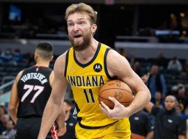 Indiana Pacers forward Domantas Sabonis kvetches about a bad call from an official. (Image: Trevor Ruszkowski/USA Today Sports)