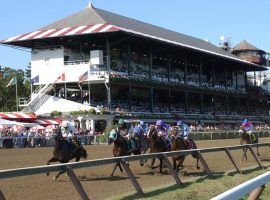 NYRA plans restoring the historic Wilson Chute to Saratoga this summer. That will allow dirt races like this one to run over a mile on the main track. (Image: NYRA/Coglianese Photo)