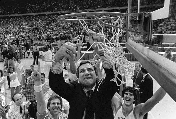 Dean Smith UNC cuts down nets 1982 championship