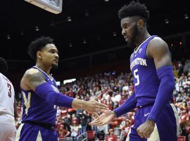 Washington Huskies guards David Crisp (1) and Jaylen Nowell (5) during a game against Washington State in Pullman, WA.