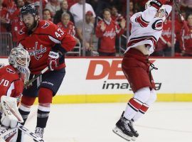 Justin Williams from the Carolina Hurricanes celebrating a goal during a playoff game against the Washington Capitals in DC. (Image: Patrick Smith/Getty)