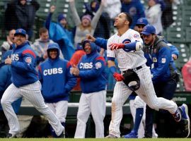 Wilson Contreras of the Chicago Cubs celebrates after hitting a walk-off home to defeat the Milwaukee Brewers in 15 innings at Wrigley Field. (Image: (Nam Y. Huh/AP)