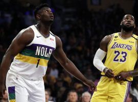 New Orleans Pelicans rookie Zion Williamson and LeBron James of the LA Lakers at the Staples Center in Los Angeles. (Image: Getty)