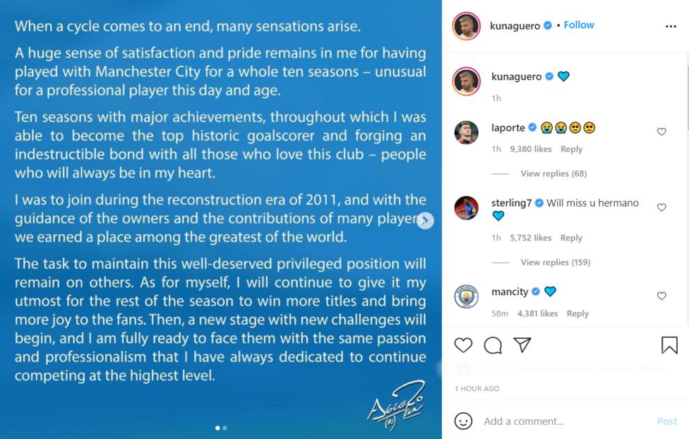 Aguero confirms his exit from Manchester City through an Instagram message