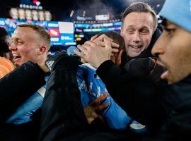 New York City FC's players and staff celebrate together after beating New England Revolution to reach the Eastern Conference final. (Image: nycfc.com)