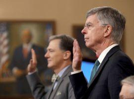 U.S. diplomat to Ukraine, William B. Taylor (R), and Deputy Assistant Secretary for European and Eurasian Affairs George P. Kent (L) are sworn for the first day of open  impeachment hearings.(Image: Drew Angerer/Getty)