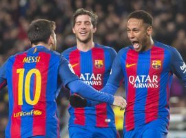 Messi and Neymar celebrate together after the Argentinian scores vs Athletic Bilbao (2017) Source: fcbarcelona.com