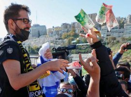 Moshe Hogeg talking to the Beitar Jerusalem fans before an Israeli league match. (Image: Twitter/middeeasteye)