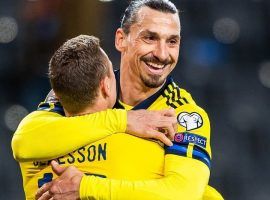 Swedish center forward Zlatan Ibrahimovic celebrates after giving an assist to Viktor Claesson in the World Cup qualifier against Georgia last week. (Image: svenskfotboll.se)